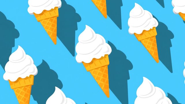 Seamless pattern of delicious vanilla ice cream cones on a bright blue background with shadows, perfect for summer treats and dessert themes