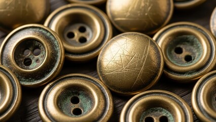 Close-up of vintage brass buttons with patina and textured surface on wooden background