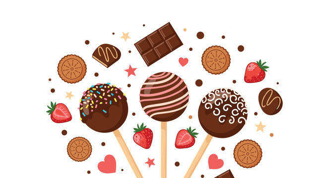Assorted sweet treats including chocolate dipped cake pops with sprinkles, cookies, fresh strawberries, and chocolate bars in a colorful arrangement.