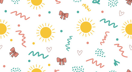 Playful and bright seamless pattern featuring yellow suns, pink bows, tiny hearts, and colorful abstract doodle elements on a white background.