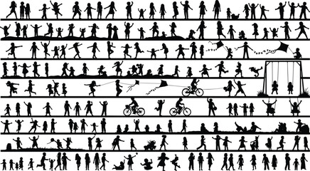 Children silhouette activity set showing play, running, cycling, flying kites, playground scenes, joyful childhood moments illustration isolated on white background