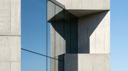 Modern concrete building facade with geometric window and glass reflection against a clear blue sky.