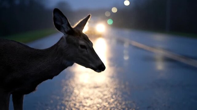 Wild Deer Standing Cautiously on the Edge of a Wet Asphalt Road at Night with Bright Car Headlights Approaching in the Background Highlighting the Dangers of Wildlife Road Crossings.
