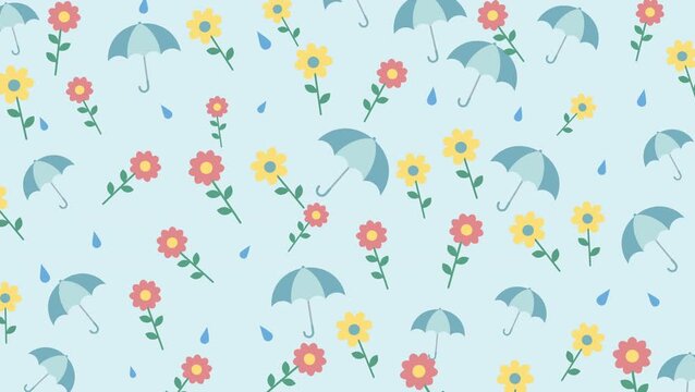 Seamless looping spring pattern animation with cute umbrellas, flowers, and raindrops. Flat pastel style, calm and playful mood, perfect for motion backgrounds and seasonal visuals.