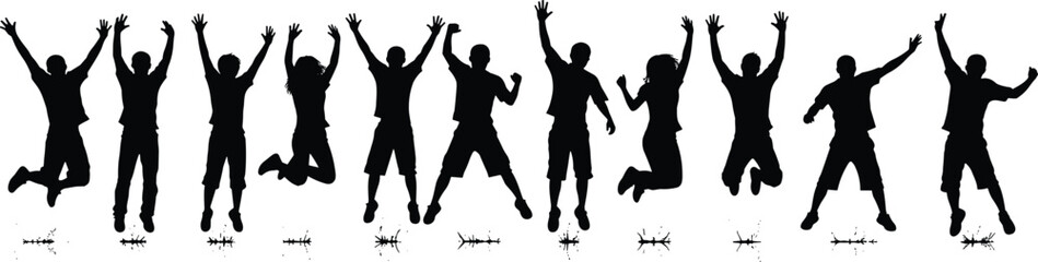 Group of people jumping silhouette celebrating joy freedom teamwork success and positive energy isolated on white background illustration