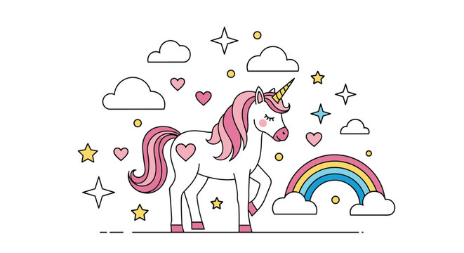 Whimsical unicorn illustration in a magical scene with a colorful rainbow, fluffy clouds, sparkling stars, and hearts in soft pastel tones.