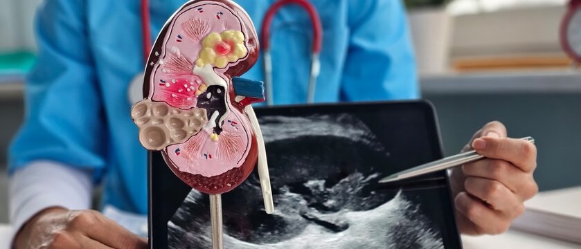 Medical professional demonstrating kidney model while discussing ultrasound results