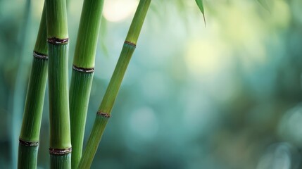 Lush Green Bamboo Stalks with Serene Blurred Nature Background and Ample Copy Space