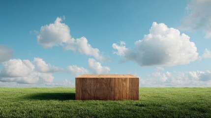 Minimalist Wooden Product Display Podium on Lush Green Grass Under Blue Sky with Fluffy Clouds - Natural Outdoor Showcase Background