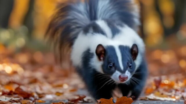 Striped skunk walking amongst fallen autumn leaves in sunlight