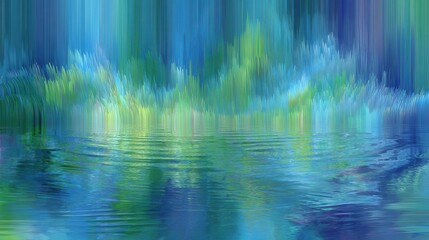 Vibrant Abstract Digital Art with Blue and Green Vertical Lines Reflected on Rippling Water Surface