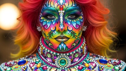 Hypnotic closeup portrait woman neon vibrant face paint glittering jewels elaborate colorful costume
