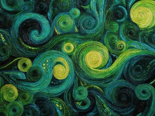 Swirling Emerald and Teal Abstract Art with Golden Spirals and Bubbles - Textured Pattern Background