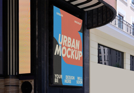 Mockup of  modern LED screen display designed for digital out-of-home advertising in the vibrant city of Madrid.