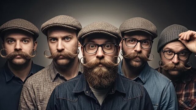 Five men with beards and mustaches wearing flat caps and glasses.