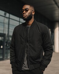 Confident Black Man Wearing Sunglasses and Bomber Jacket Outdoors with Modern Building Background.