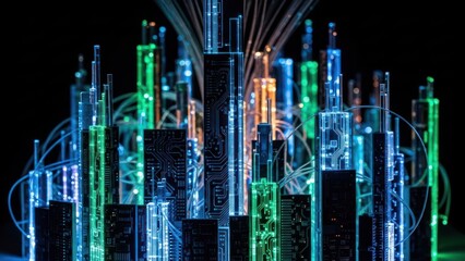 Illuminated circuit boards evoke a futuristic cityscape