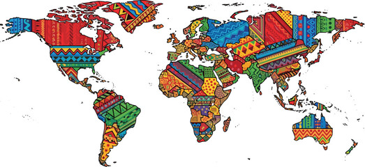 Obraz premium Colorful world map illustration with vibrant ethnic patterns representing global cultures diversity travel geography and international design concepts