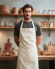 Confident Baker or Chef Wearing Apron Stands in Rustic Kitchen with Bread and Jars.
