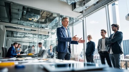 Confident business team discussing ideas around table in modern office with glass walls representing collaboration leadership strategy and professional corporate decision making