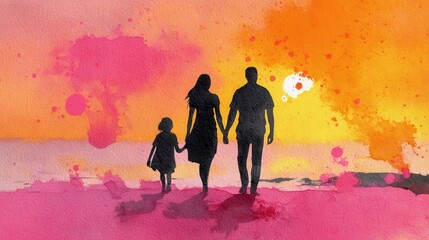 Vibrant Watercolor Family Silhouette Walking Hand-in-Hand at Sunset.
