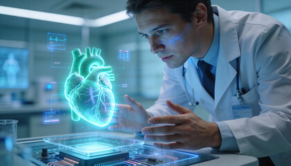 Doctor analyzing glowing 3D human heart hologram with AI medical technology in futuristic digital cardiology clinic, advanced healthcare innovation.