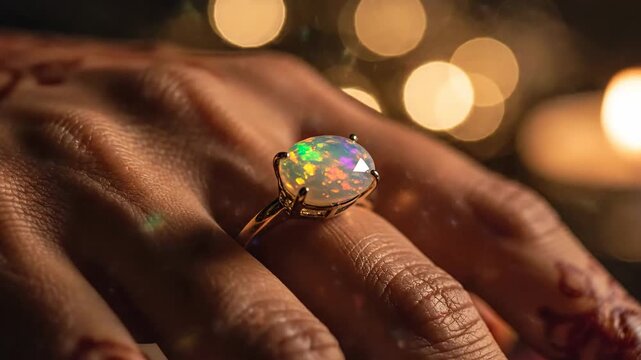 Close-up of a glamorous opal ring, displaying brilliant colors