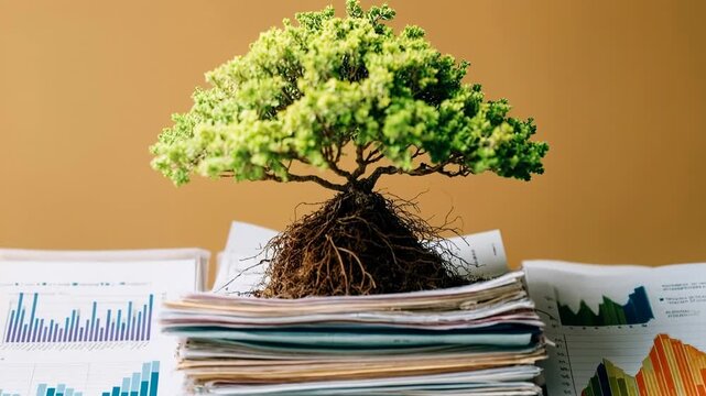 Small green tree growing from stack of business documents and charts symbolizing sustainable finance ethical growth long term investment strategy and balance between profit and nature