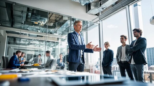 Confident business team discussing ideas around table in modern office with glass walls representing collaboration leadership strategy and professional corporate decision making