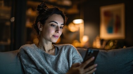 Serene Young Woman Relaxing on Sofa at Night Scrolling Through Smartphone, Cozy Indoor Lighting.
