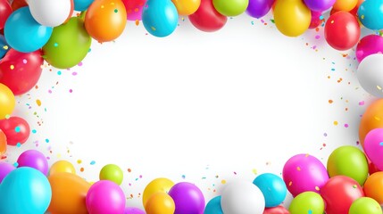Vibrant Multicolored Balloons and Confetti Border with White Copy Space for Celebration, Party, and Event Design.