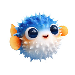 Cheerful Pufferfish: This captivating photo features a cute pufferfish, depicted in a playful and animated style. This delightful sea creature is shown with a charming smile and adorable eyes.