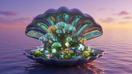 Fantasy sea shell world containing bioluminescent garden floating on calm ocean at sunset dusk