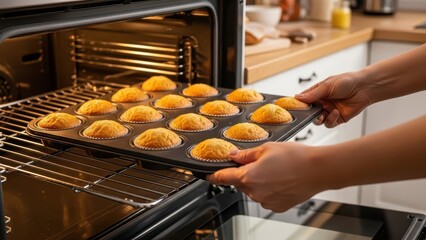 Caucasian female hands baking golden muffins in modern kitchen oven on a sunny day