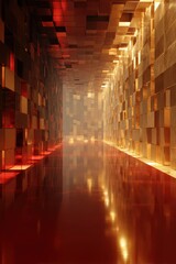 Futuristic Golden and Red Abstract Cubed Tunnel with Reflective Floor.