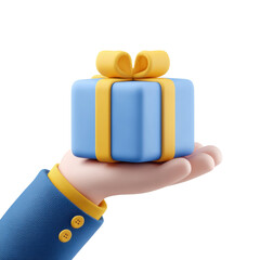 Hand delivering the gift:A hand holding a perfectly wrapped gift with a yellow bow. the gift box is symbolic of something that represents a present, appreciation, surprise, celebration, and happiness.