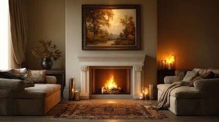 Cozy Living Room Scene Warm Fireplace, Elegant Sofa, Autumnal Artwork, and Ambient Candlelight.
