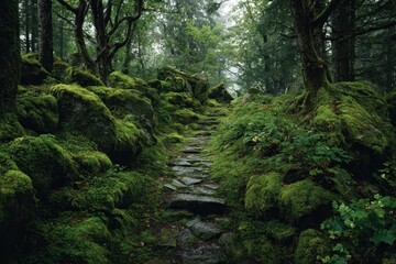 Enchanted Moss-Covered Forest Pathway Through Ancient Woods with Foggy Atmosphere.