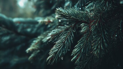 Close-up Macro Shot of Dew Drops on Pine Tree Needles in Moody Teal Light.