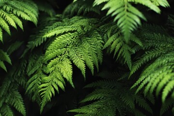 Lush Green Fern Fronds Macro Close-up, Natural Textured Foliage Background.