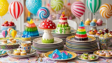 Whimsical birthday party table colorful desserts tiered jelly cakes giant mushroom candies balloons