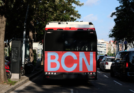 Mockup of Bus in Barcelona with the back prepared for OOH advertising