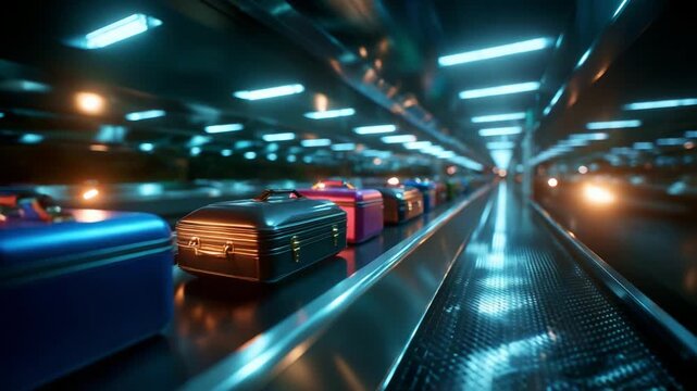 A stunning series of illuminated luggage on a moving baggage carousel in a modern transport terminal, showcasing vibrant colors, reflections, and sleek design in an enticing visual display.