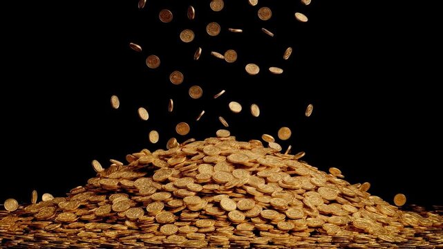 Golden cereal or grain pieces raining onto pile creating minimalist abstract food texture background with falling motion and warm tones