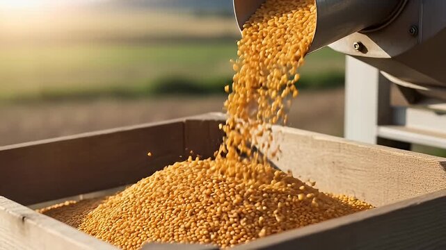 Golden Corn Kernels Pouring From Machine Into Wooden Container Close Up.