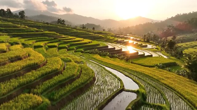 Lush terraced rice paddies and water reflecting golden sunset light amidst green hills
