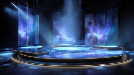 Futuristic Stage with Cosmic Nebula Background, Blue Lighting, and Neon Accents - Digital Art and Design