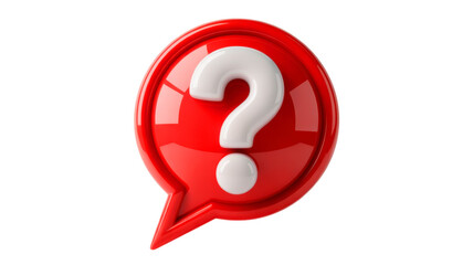 Bright red glossy three dimensional speech bubble with white question mark on dark black background representing inquiry and seeking answers