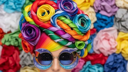 Woman with sculptural rainbow floral hair design and galaxy crescent glasses in artistic pose