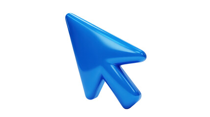 Vibrant glossy blue computer mouse cursor points directionally on dark black background with bright lighting conveying digital interaction and modern 